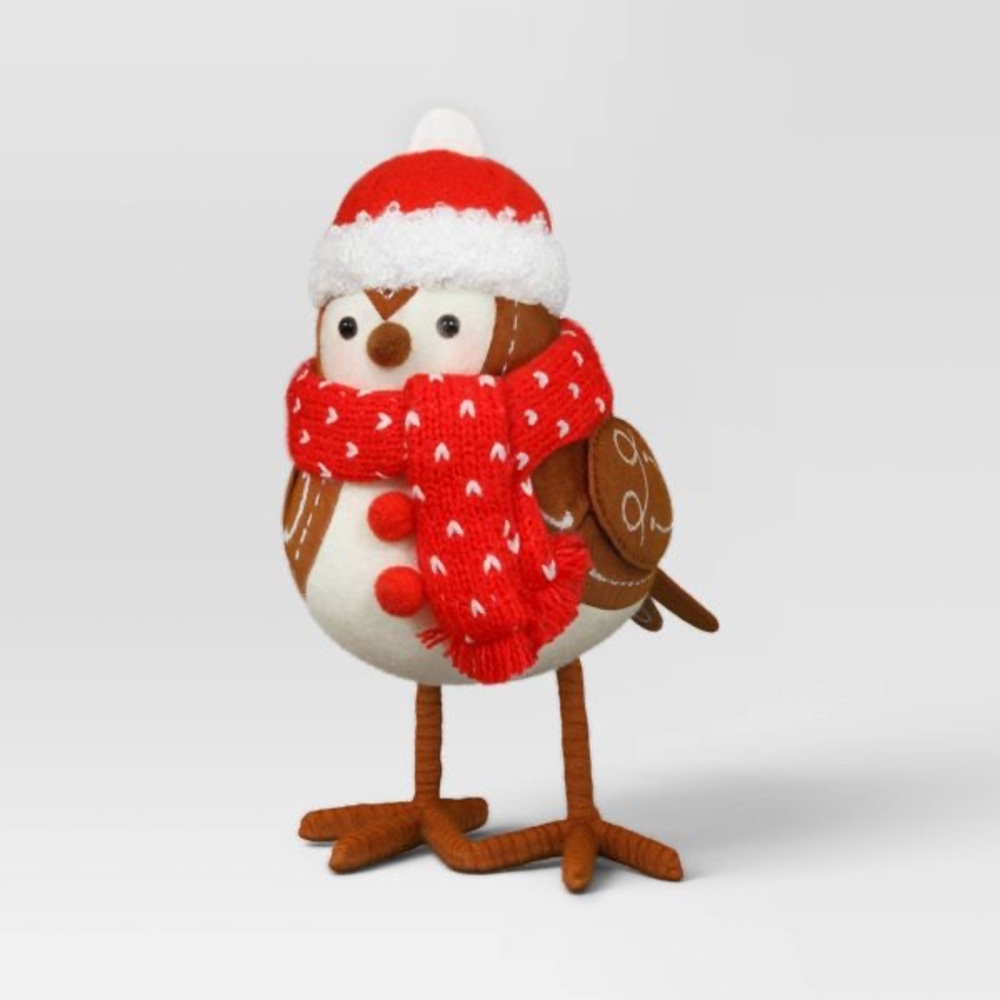 6.5" Featherly Friends Fabric Bird Christmas Figurine Wearing Red Scarf